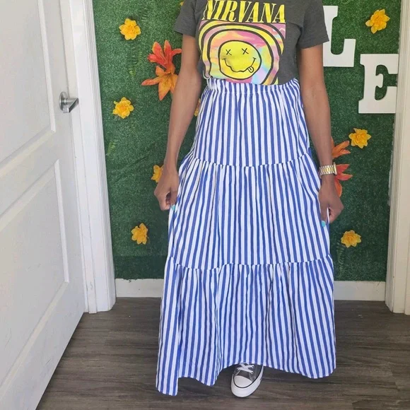 Blue and White Striped Women's Skirt - Picture 2 of 4